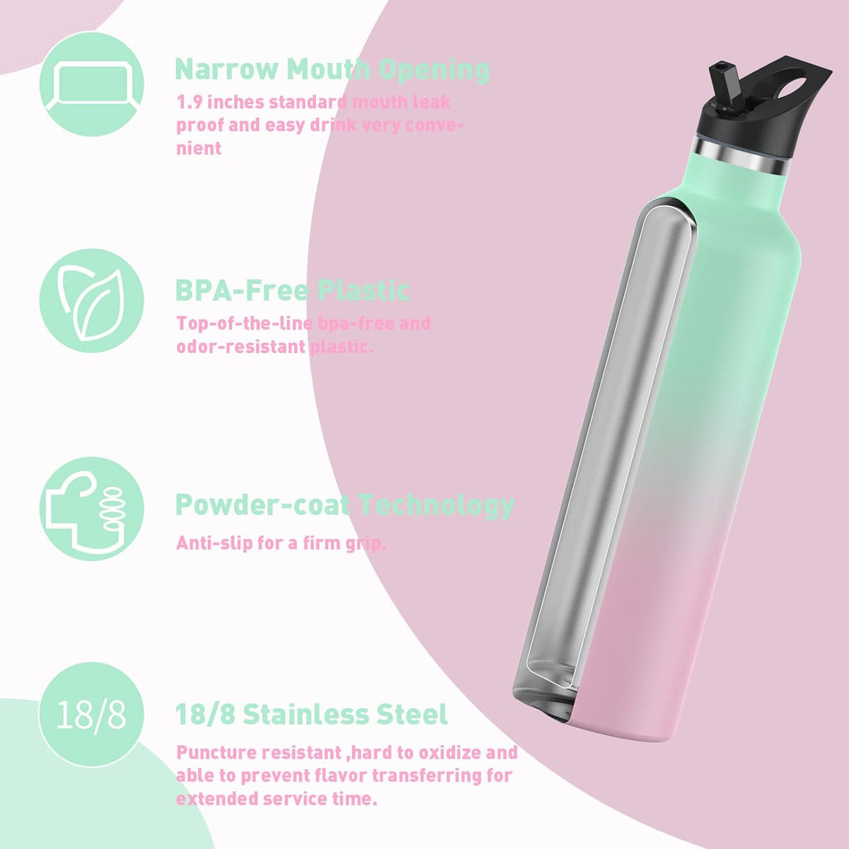 Premium Stainless Steel Double-Wall Vacuum Insulated Water Bottle with Straw Lid - Keeps Beverages Cold for 24 Hours and Hot for 12 Hours, Ideal for Hiking and Sports