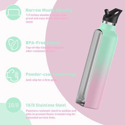 Premium Stainless Steel Double-Wall Vacuum Insulated Water Bottle with Straw Lid - Keeps Beverages Cold for 24 Hours and Hot for 12 Hours, Ideal for Hiking and Sports