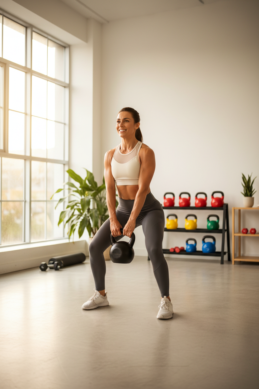 Person doing a kettlebell swing in a bright modern home gym