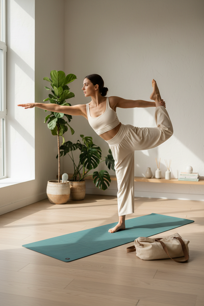 Woman doing yoga on an eco-friendly mat in a bright minimal home studio