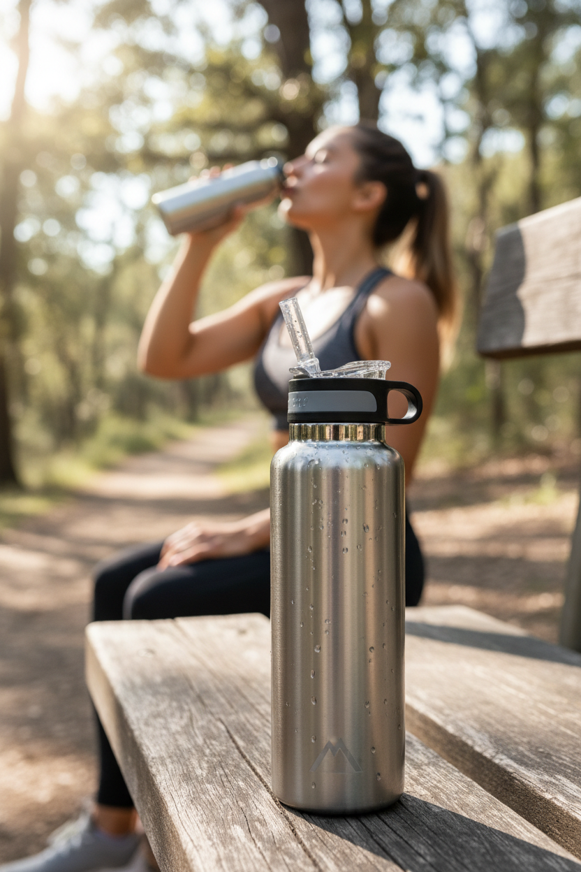 Stainless steel insulated water bottle with straw lid on a gym bench after a workout